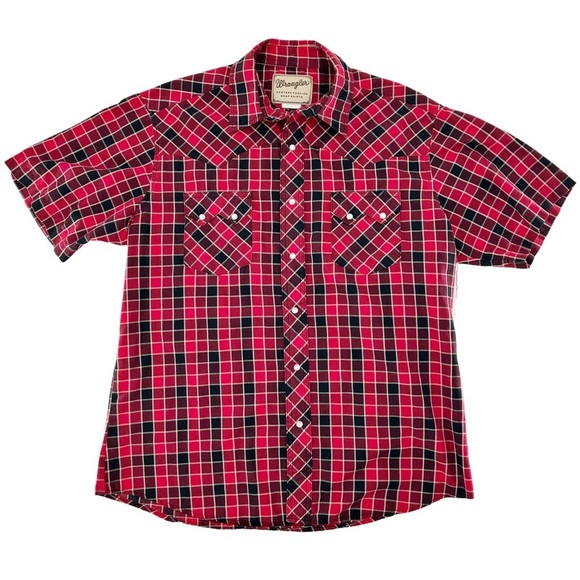 Wrangler Vintage Pearl Snap Red Plaid Short Sleeve Western Shirt Size Large - Picture 8 of 8